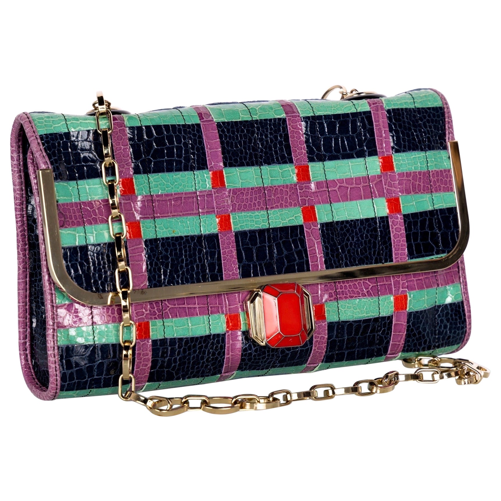 Lanvin Alber Elbaz Turquoise Red Crocodile Effect Woven Chain Bag Spring 2009 For Sale
