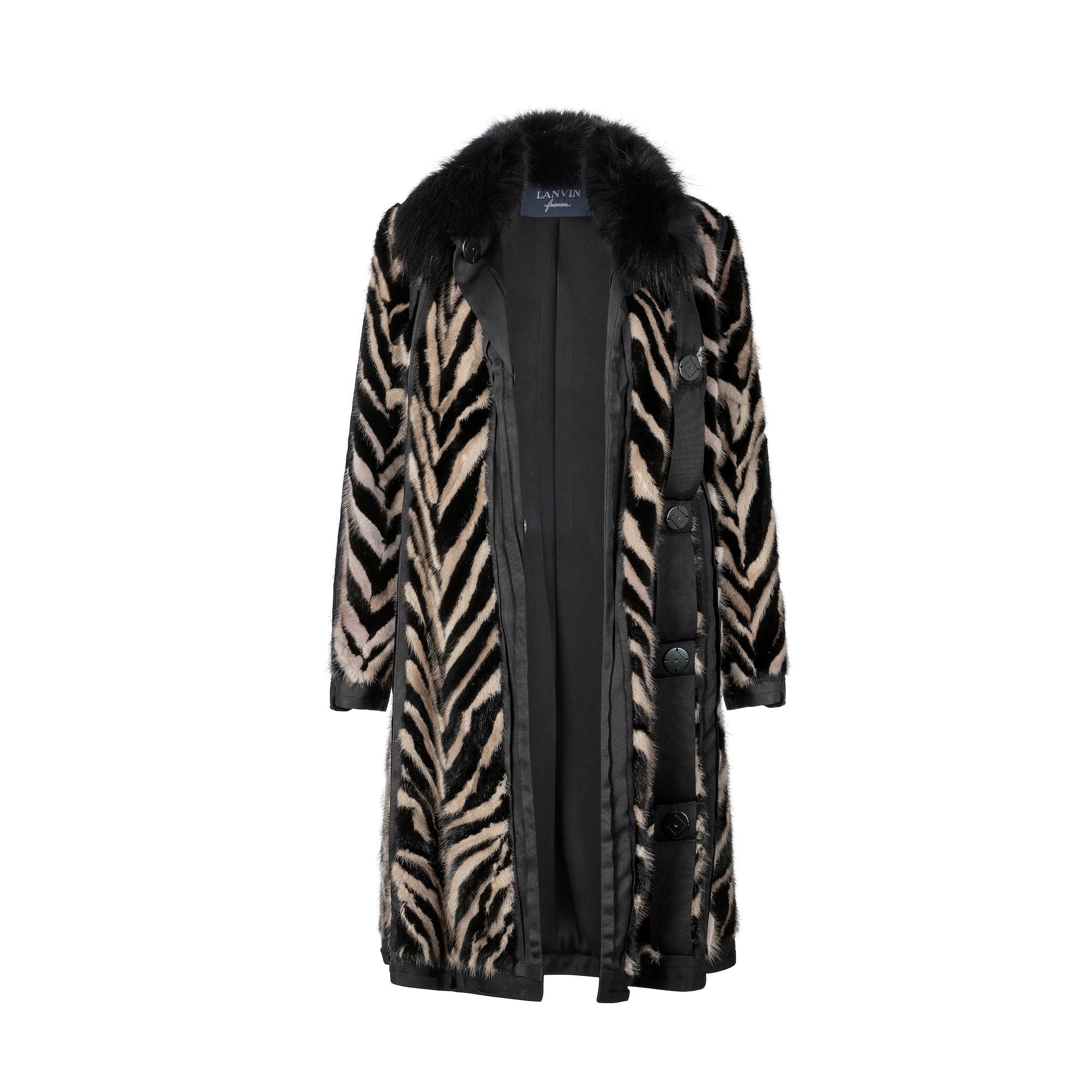 Black Lanvin Animal Print Fur Collared Coat For Sale