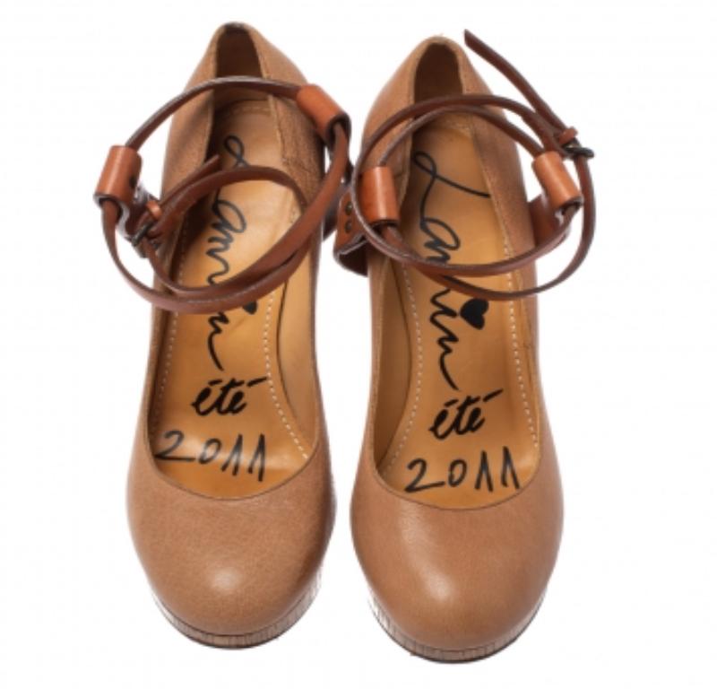 Women's Lanvin Beige/Brown Leather Ankle Strap Platform Pumps 39 For Sale