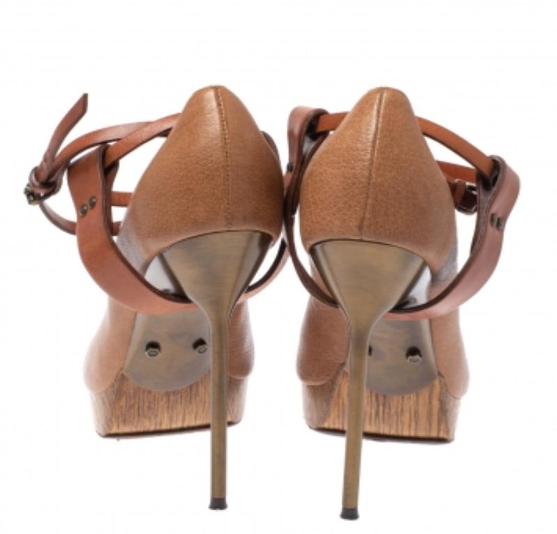 Lanvin Beige/Brown Leather Ankle Strap Platform Pumps 39 For Sale 2
