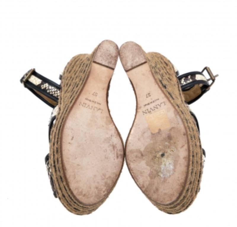 Black Lanvin Beige/Brown Python Embossed Leather Platform Wedge Sandals Size 37 For Sale