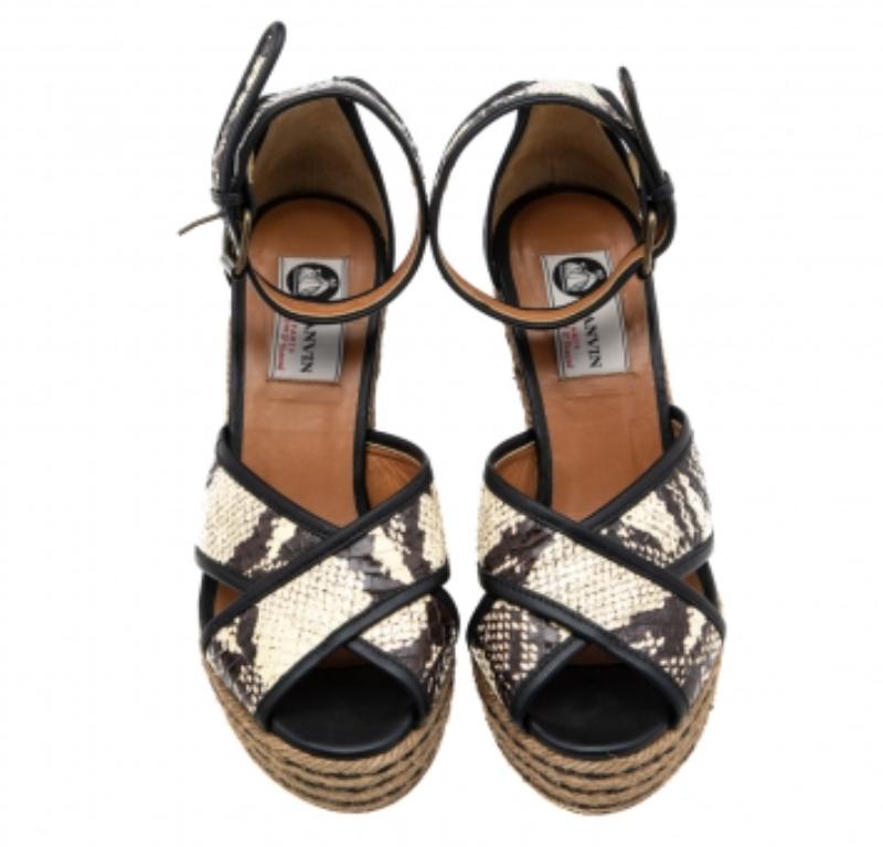 Women's Lanvin Beige/Brown Python Embossed Leather Platform Wedge Sandals Size 37 For Sale