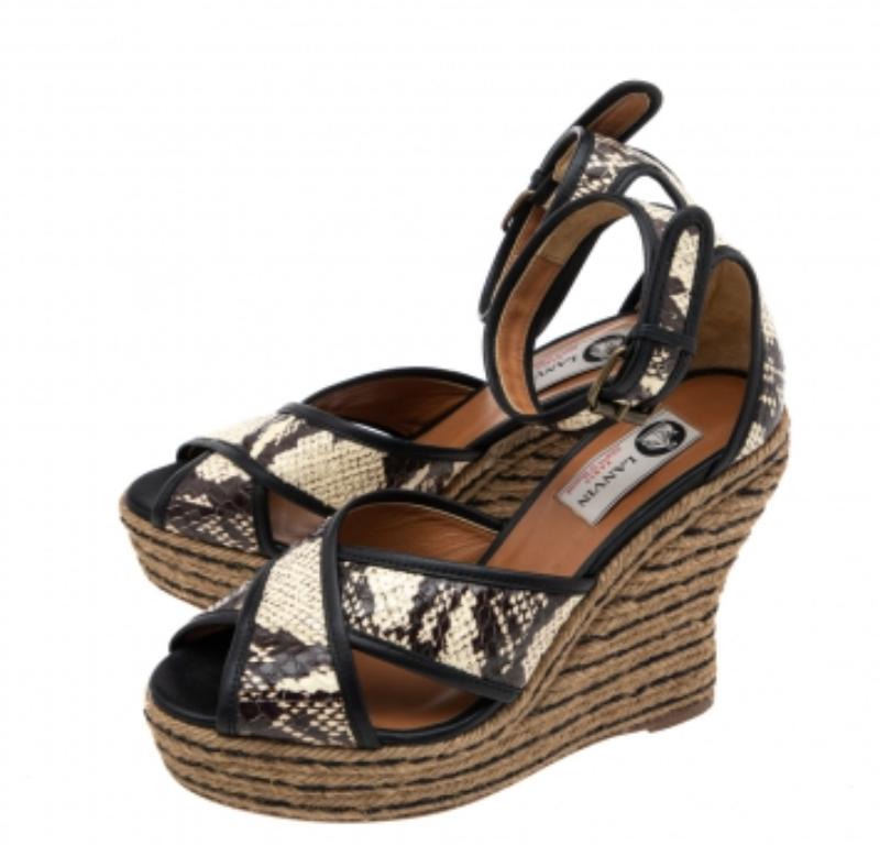 Lanvin Beige/Brown Python Embossed Leather Platform Wedge Sandals Size 37 For Sale 1