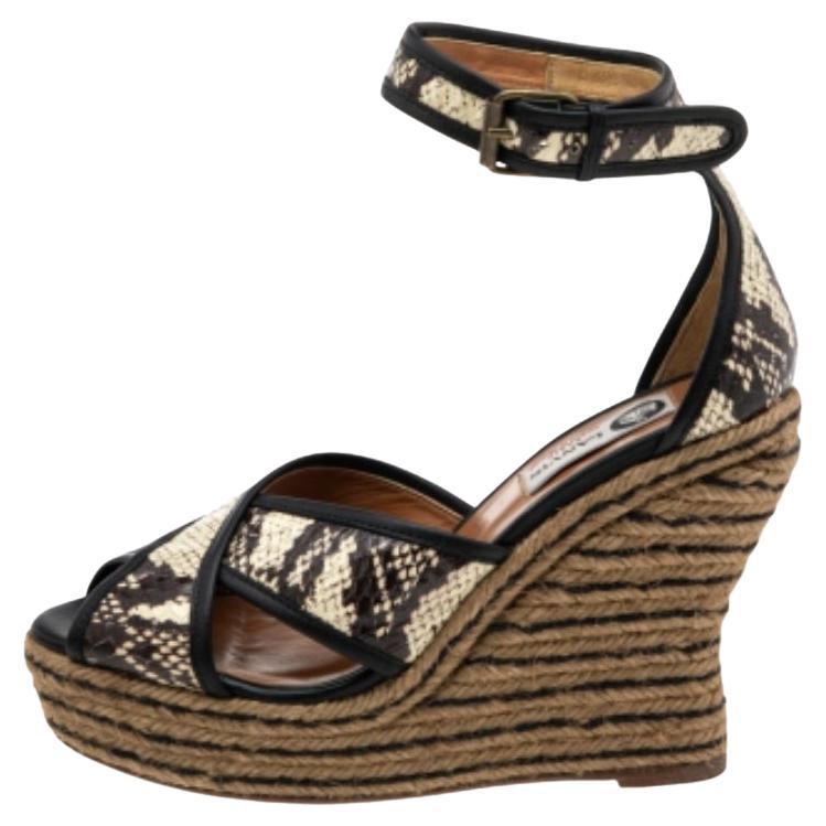 Lanvin Beige/Brown Python Embossed Leather Platform Wedge Sandals Size 37 For Sale