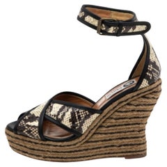 Lanvin Beige/Brown Python Embossed Leather Platform Wedge Sandals Size 37
