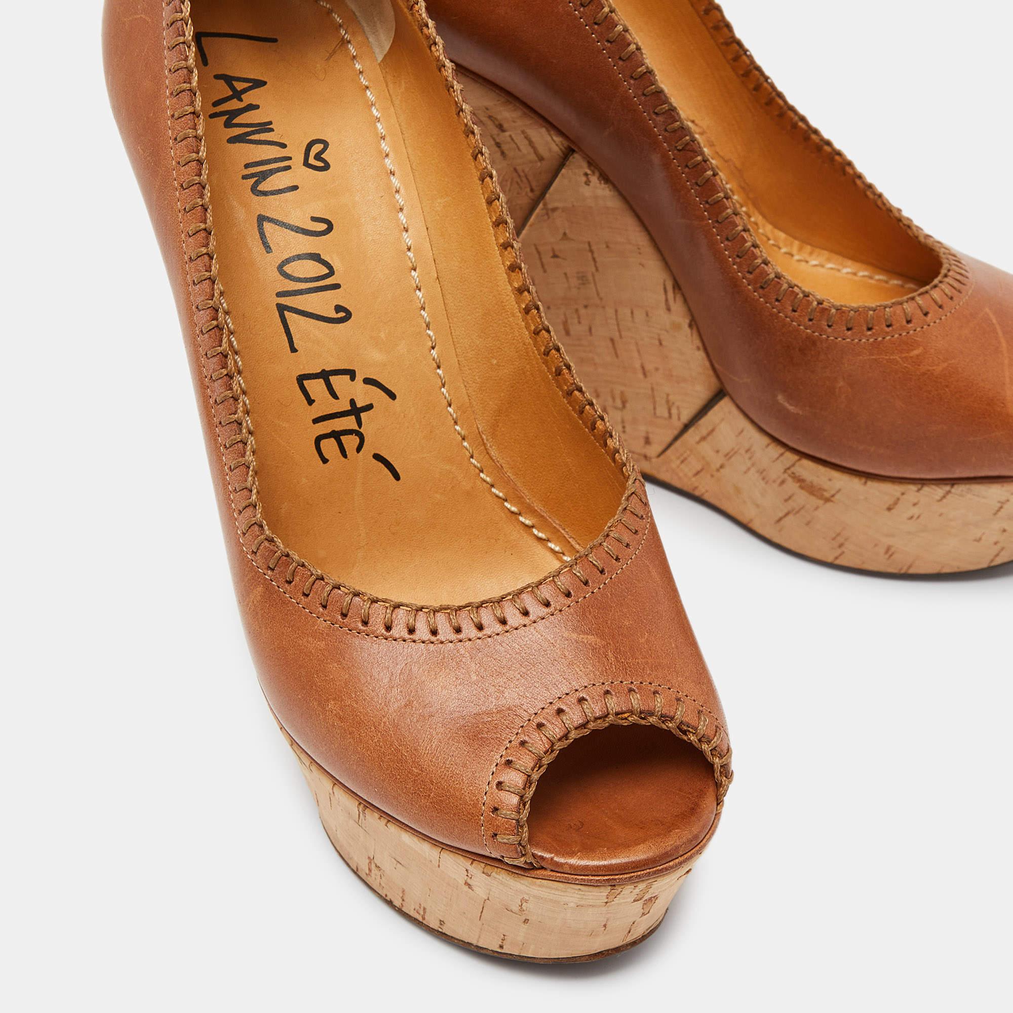 Lanvin Beige Leather Wedge Platform Pumps Size 39 For Sale 3