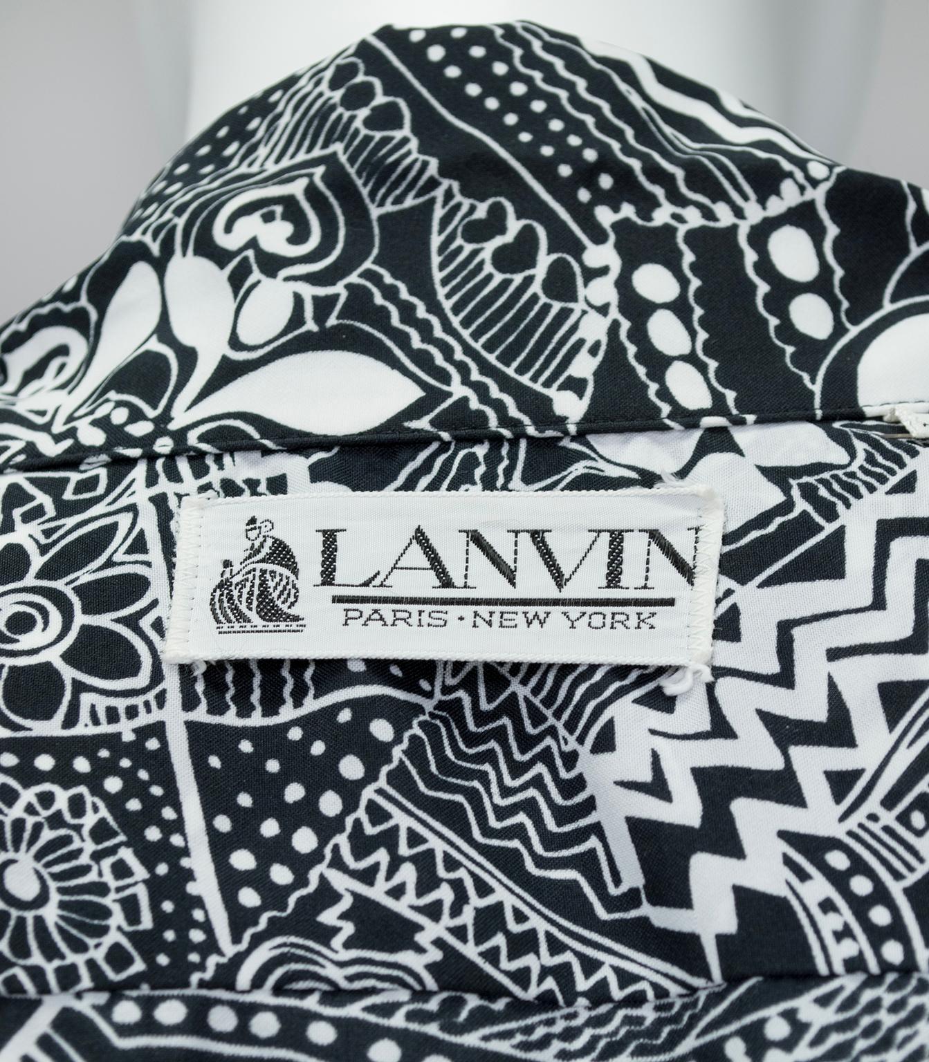 Lanvin Black and White Pop Art Belted Shirtwaist Dress - M-L, 1970s In Excellent Condition For Sale In Tucson, AZ
