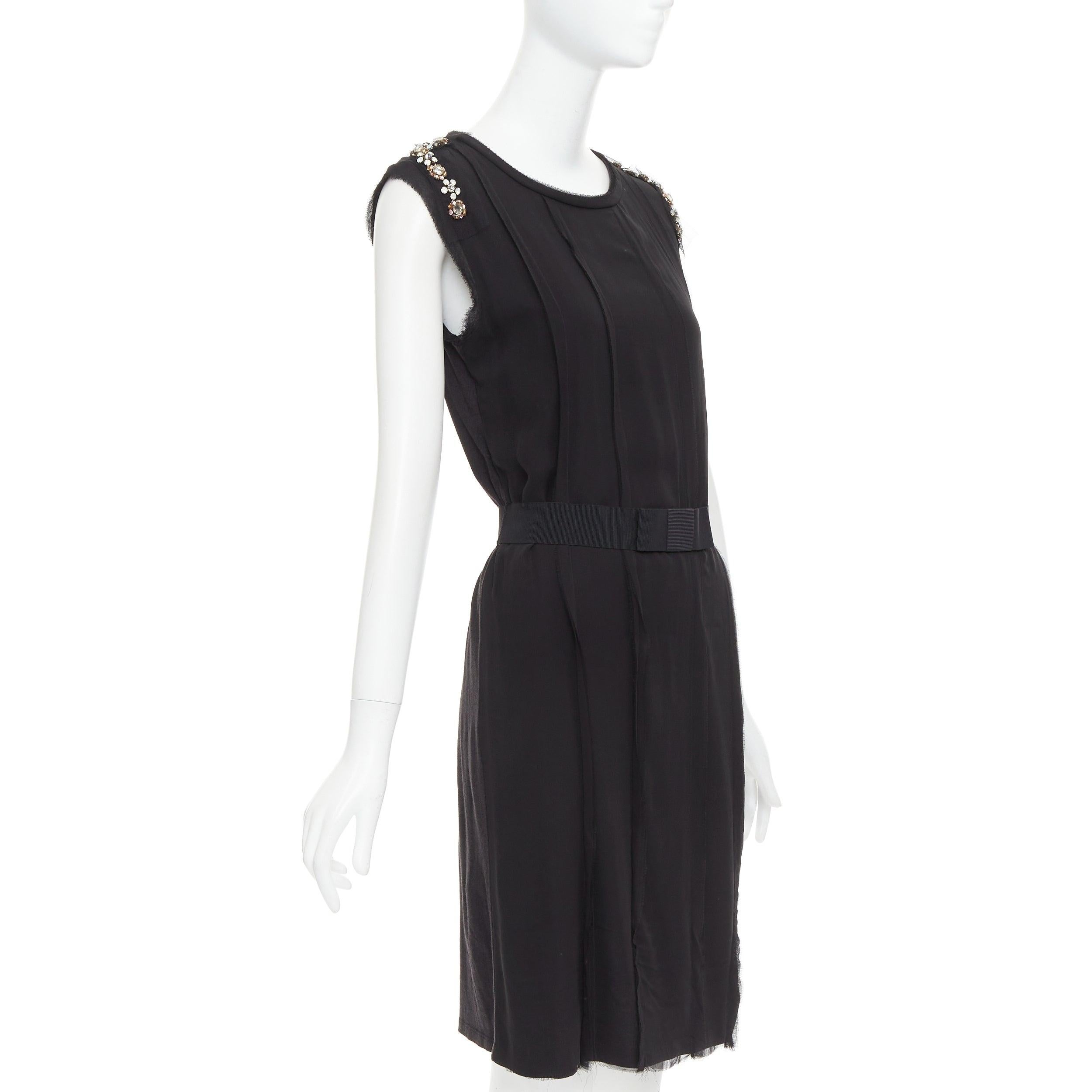 Black LANVIN black bamboo cotton crystal rhinestone belted dress M For Sale