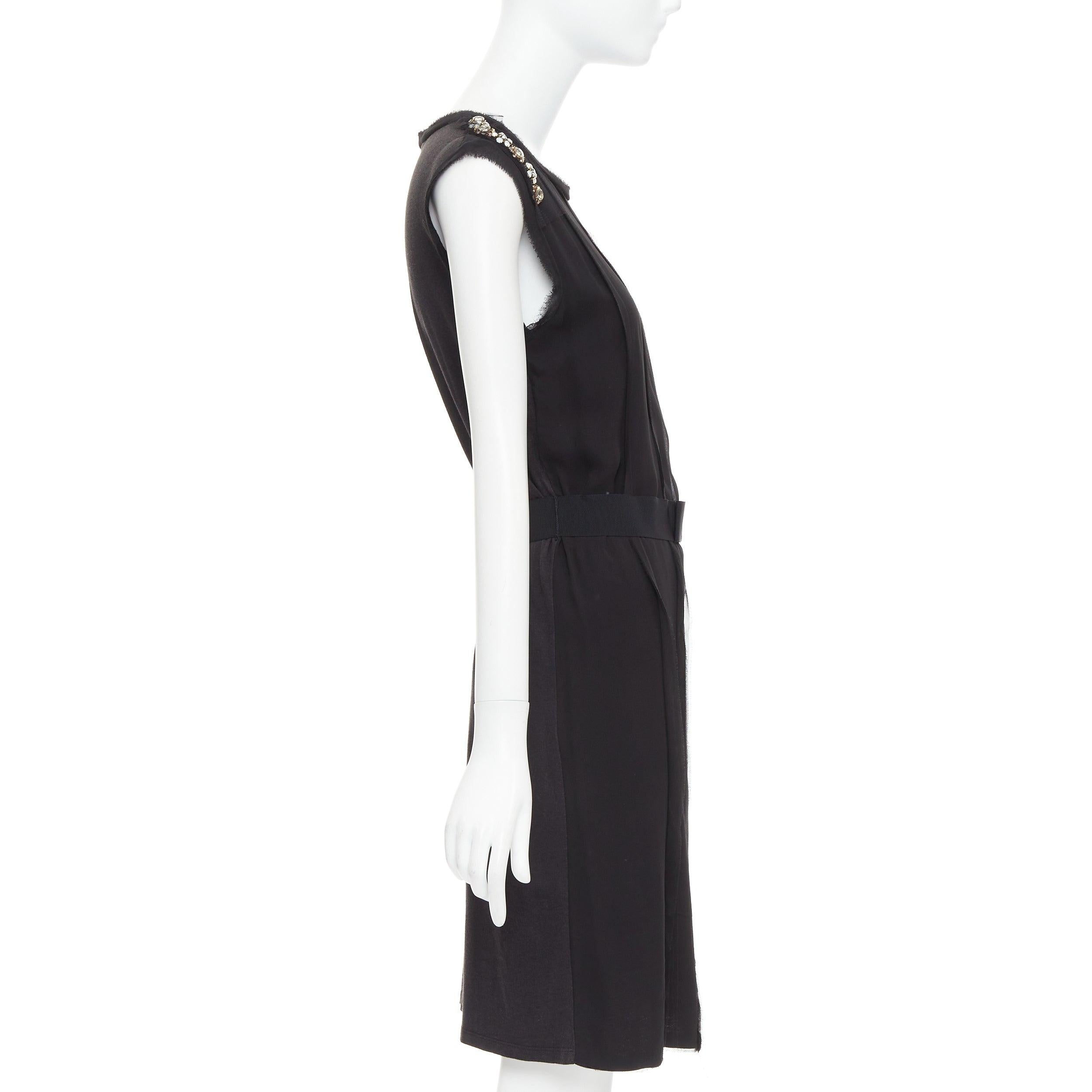 LANVIN black bamboo cotton crystal rhinestone belted dress M In Good Condition For Sale In Hong Kong, NT