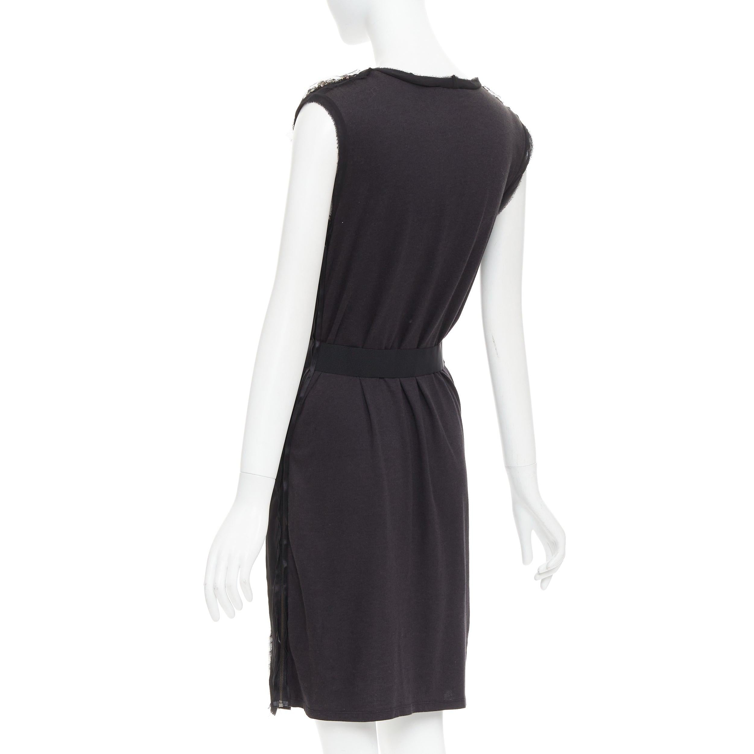 LANVIN black bamboo cotton crystal rhinestone belted dress M For Sale 1