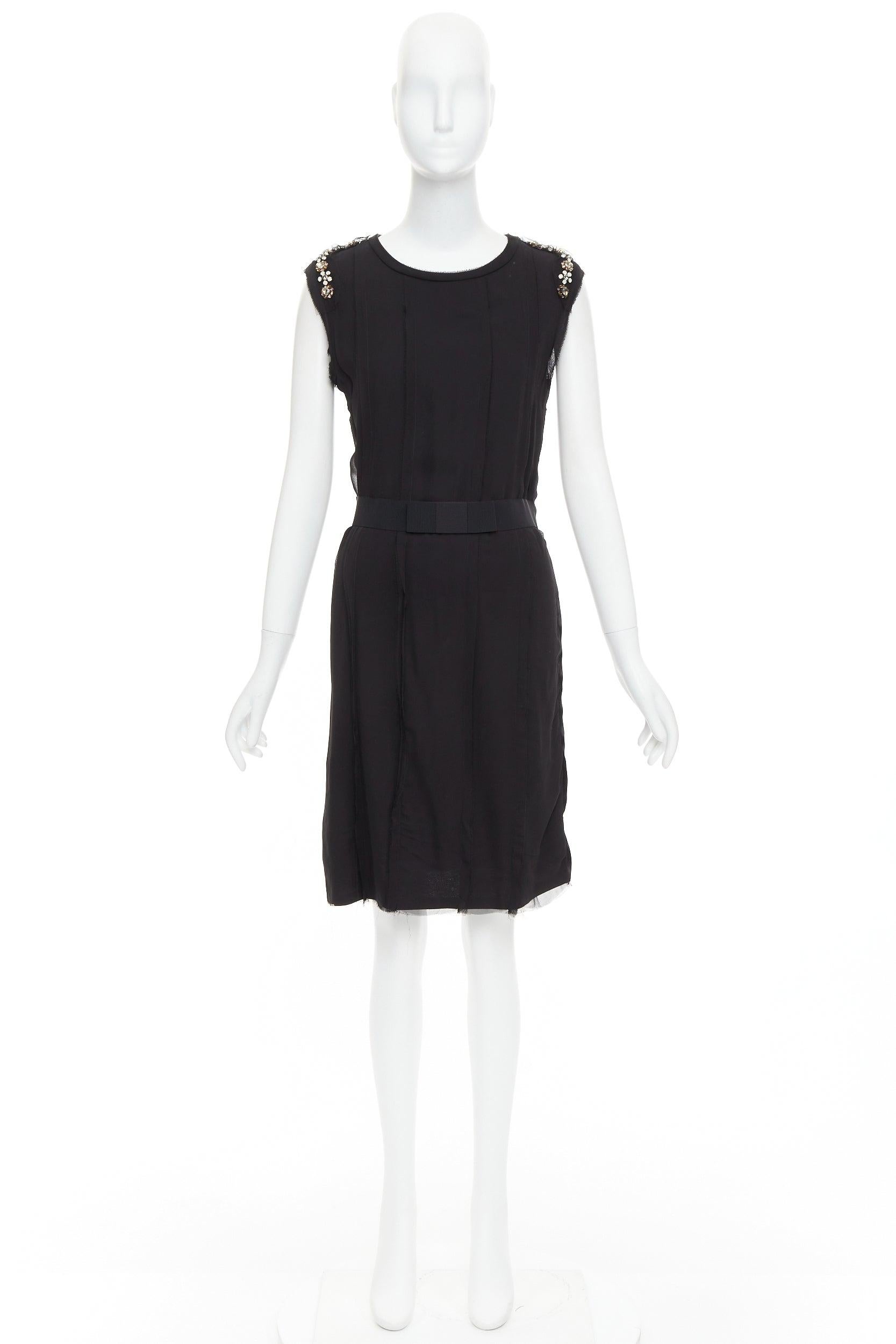 LANVIN black bamboo cotton crystal rhinestone belted dress M For Sale 4