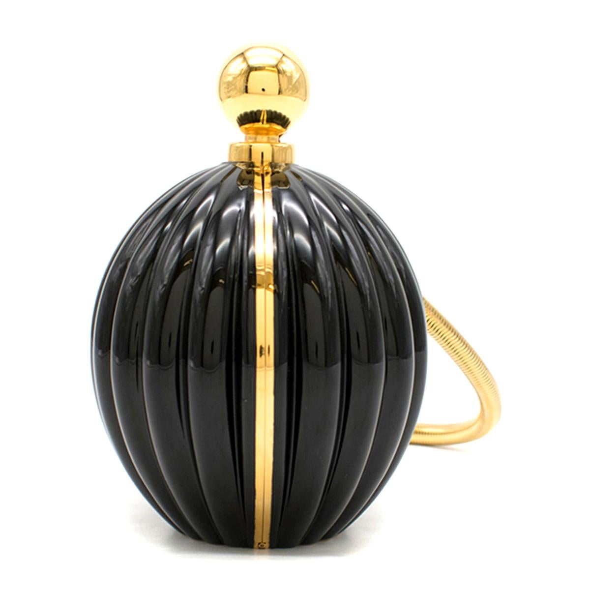 Lanvin Black Black 'Arpege Minaudiere' Ball Clutch

- Black Ball Clutch 
- Enamel round body, shaped like perfume 
- Gilt clasp with gold toned ball with logo embossed 
- Detachable wrist serpentine strap
- Hinged base
- Goat leather lining 

This