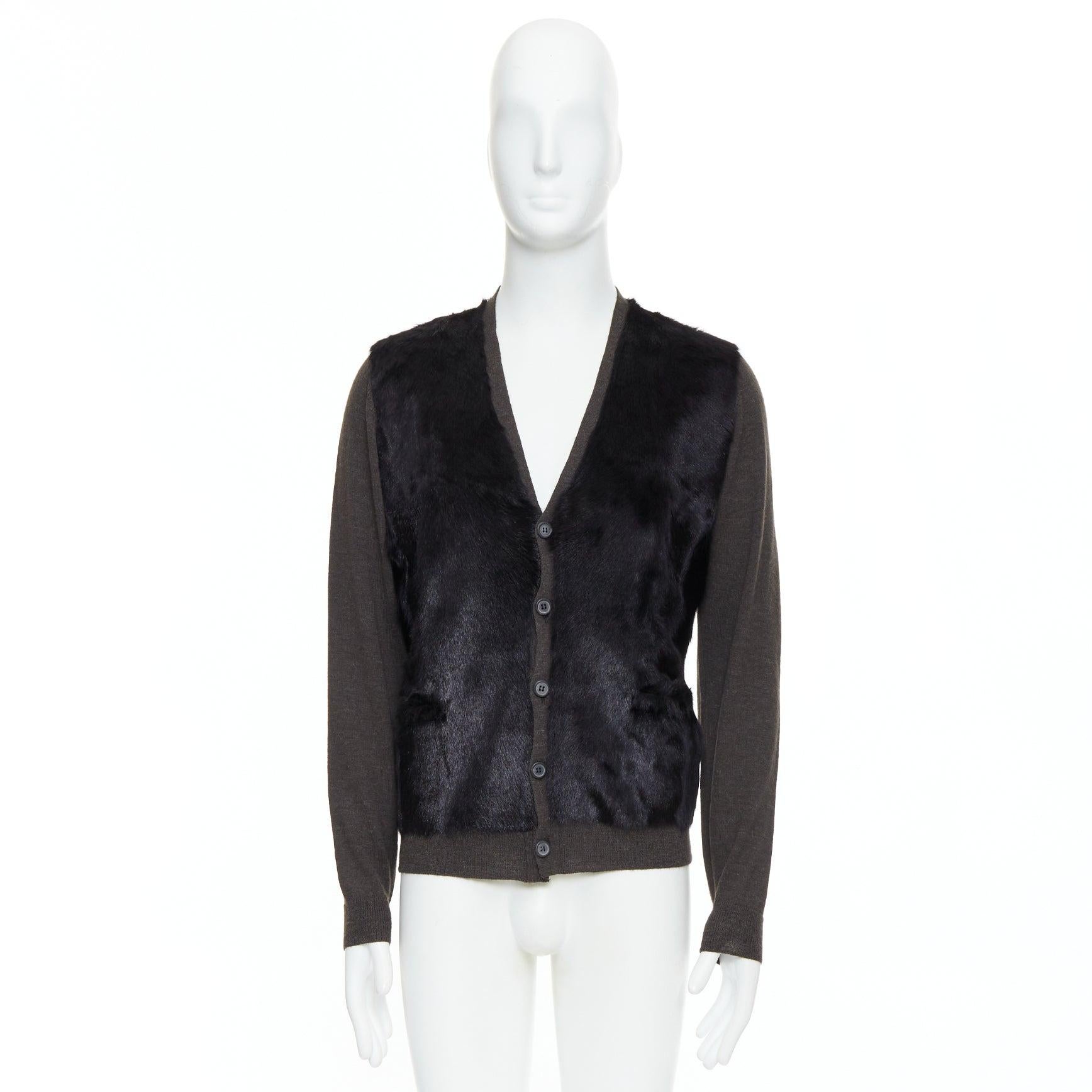LANVIN noir brun 100% fourrure d'alpaga cardigan veste M en vente 5