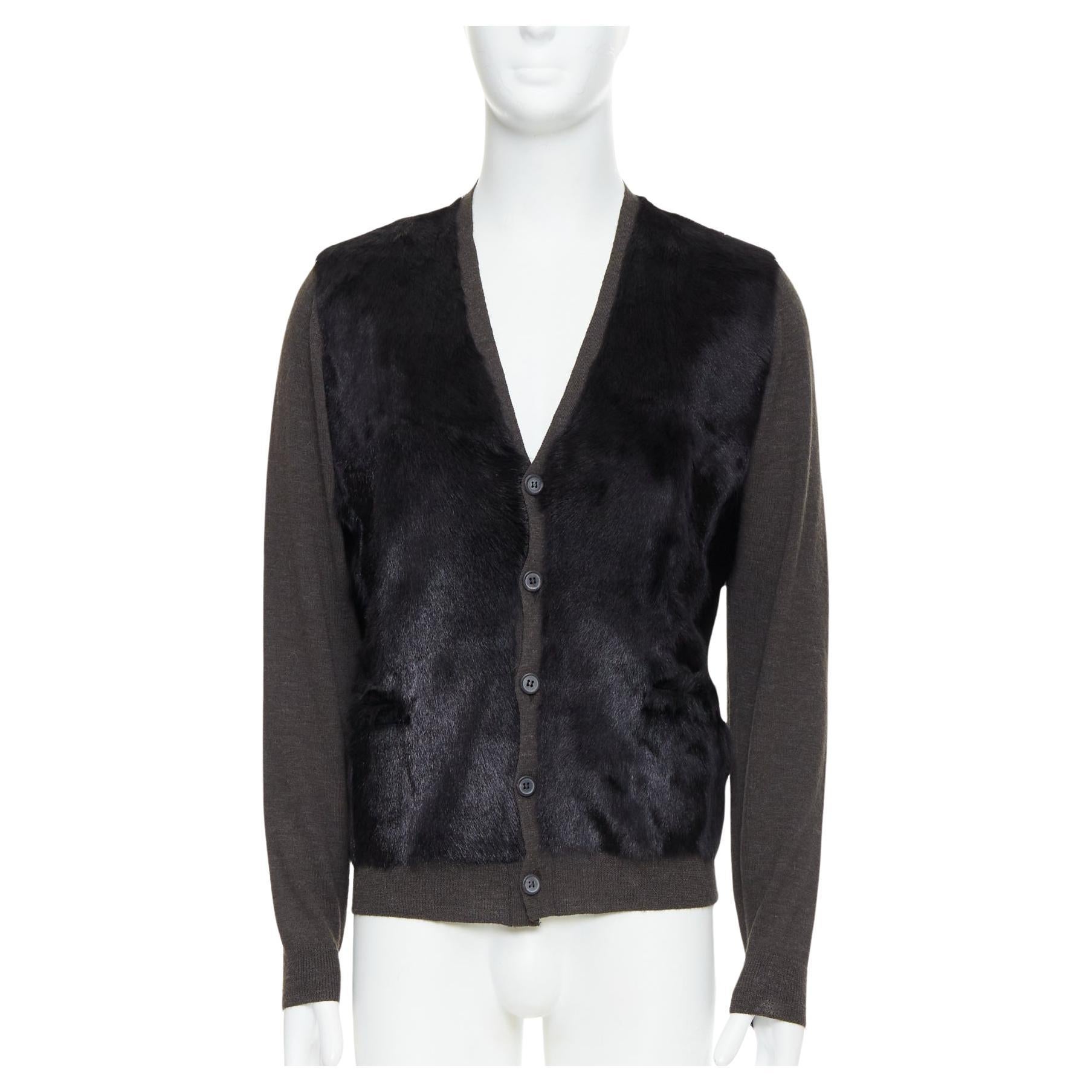 LANVIN noir brun 100% fourrure d'alpaga cardigan veste M