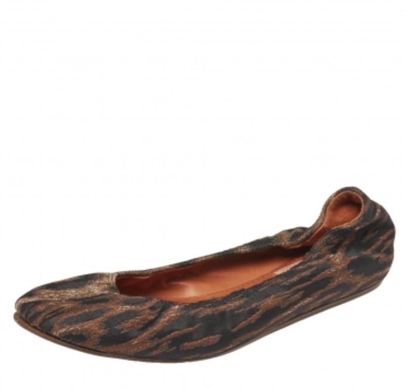 Lanvin Schwarz/Braun Brokat Stoff Leopard Print Ballet Flats Größe 39 Damen im Angebot