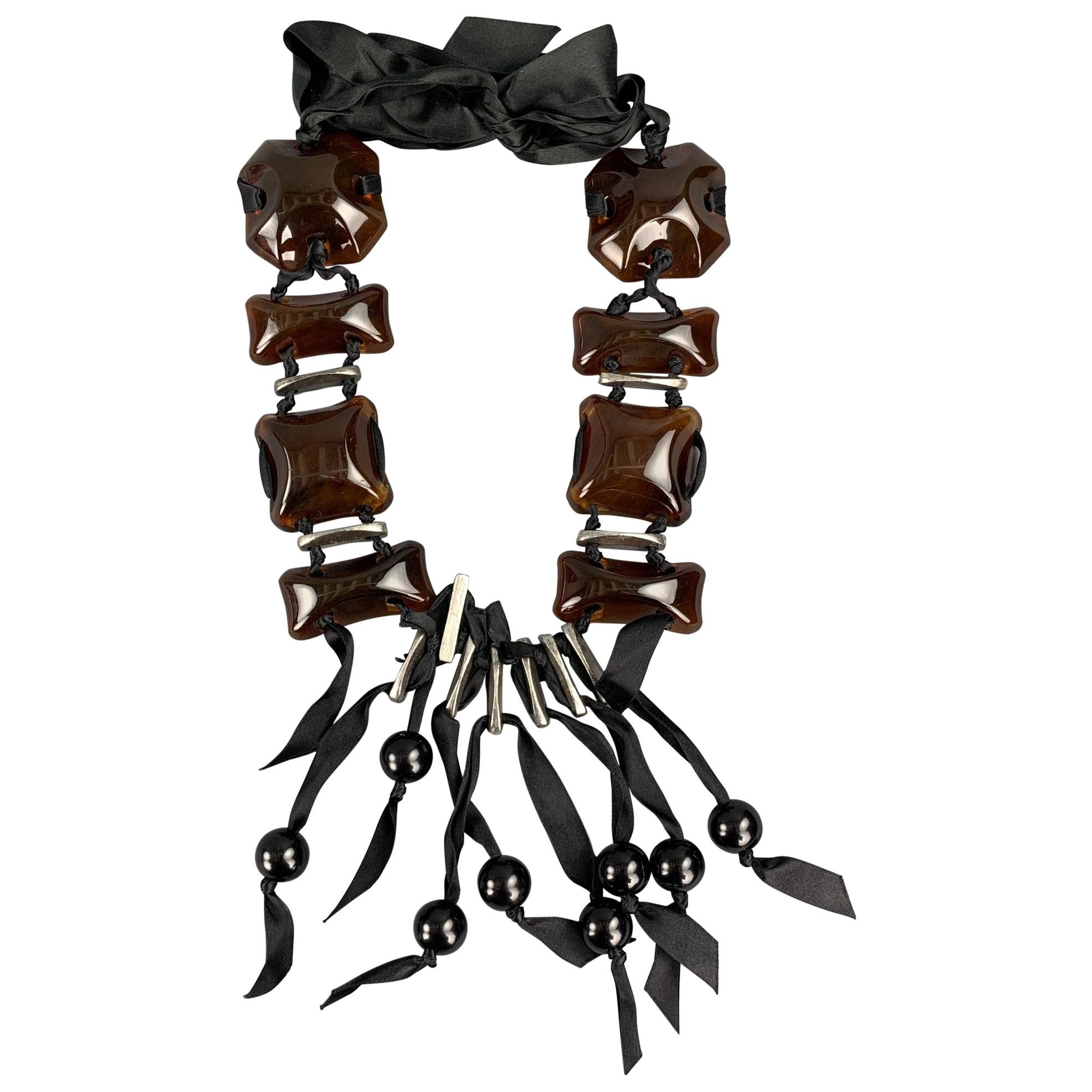 LANVIN Black & Brown Glass Metal Ribbon Tie Up Necklace