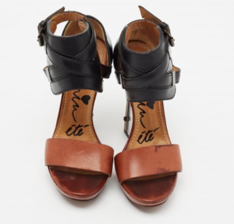 Women's Lanvin Black/Brown Leather Ankle Strap Wedge Sandals Size 37 For Sale