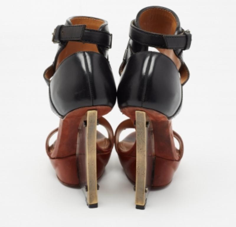 Lanvin Black/Brown Leather Ankle Strap Wedge Sandals Size 37 For Sale 1