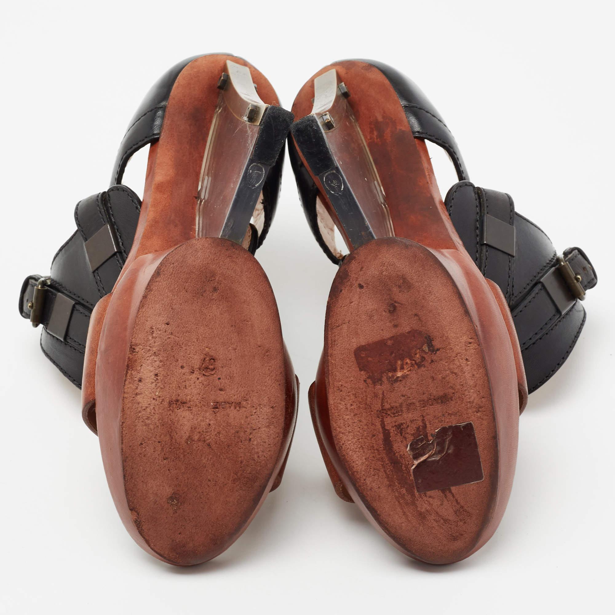 Lanvin Black/Brown Leather Ankle Strap Wedge Sandals Size 37 2