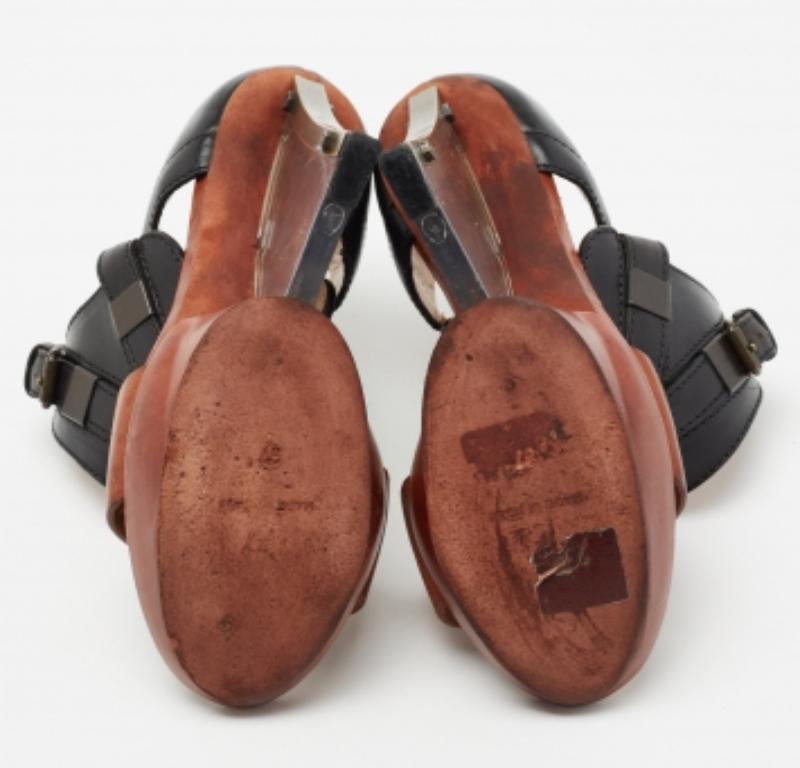 Lanvin Black/Brown Leather Ankle Strap Wedge Sandals Size 37 For Sale 2