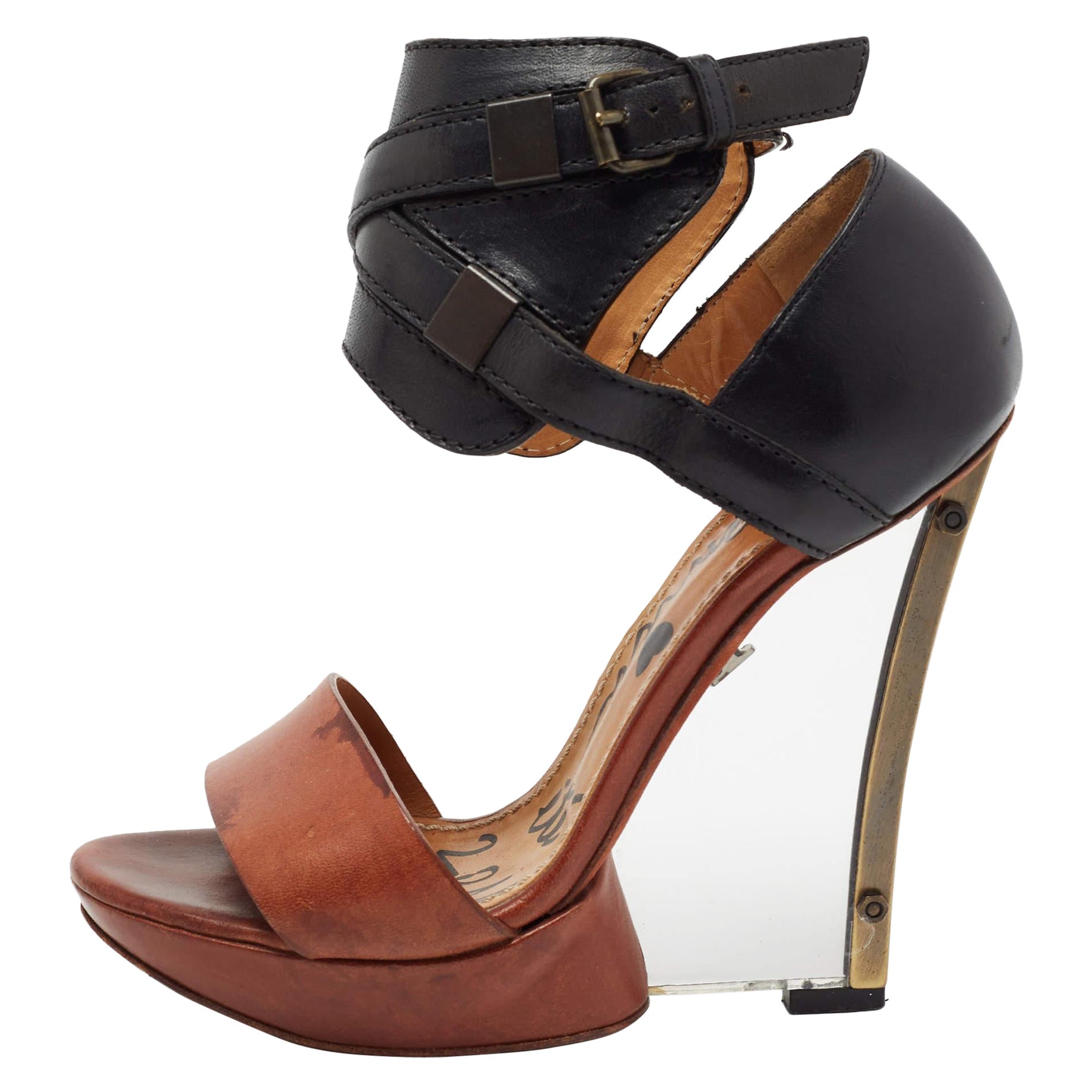 Lanvin Black/Brown Leather Ankle Strap Wedge Sandals Size 37