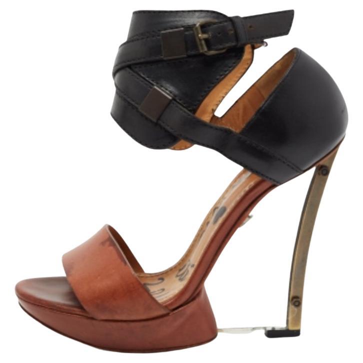 Lanvin Black/Brown Leather Ankle Strap Wedge Sandals Size 37 For Sale
