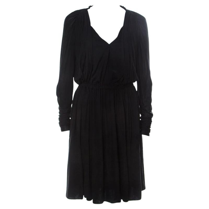Lanvin Black Cashmere Blend Gathered Detail Long Sleeve Dress M