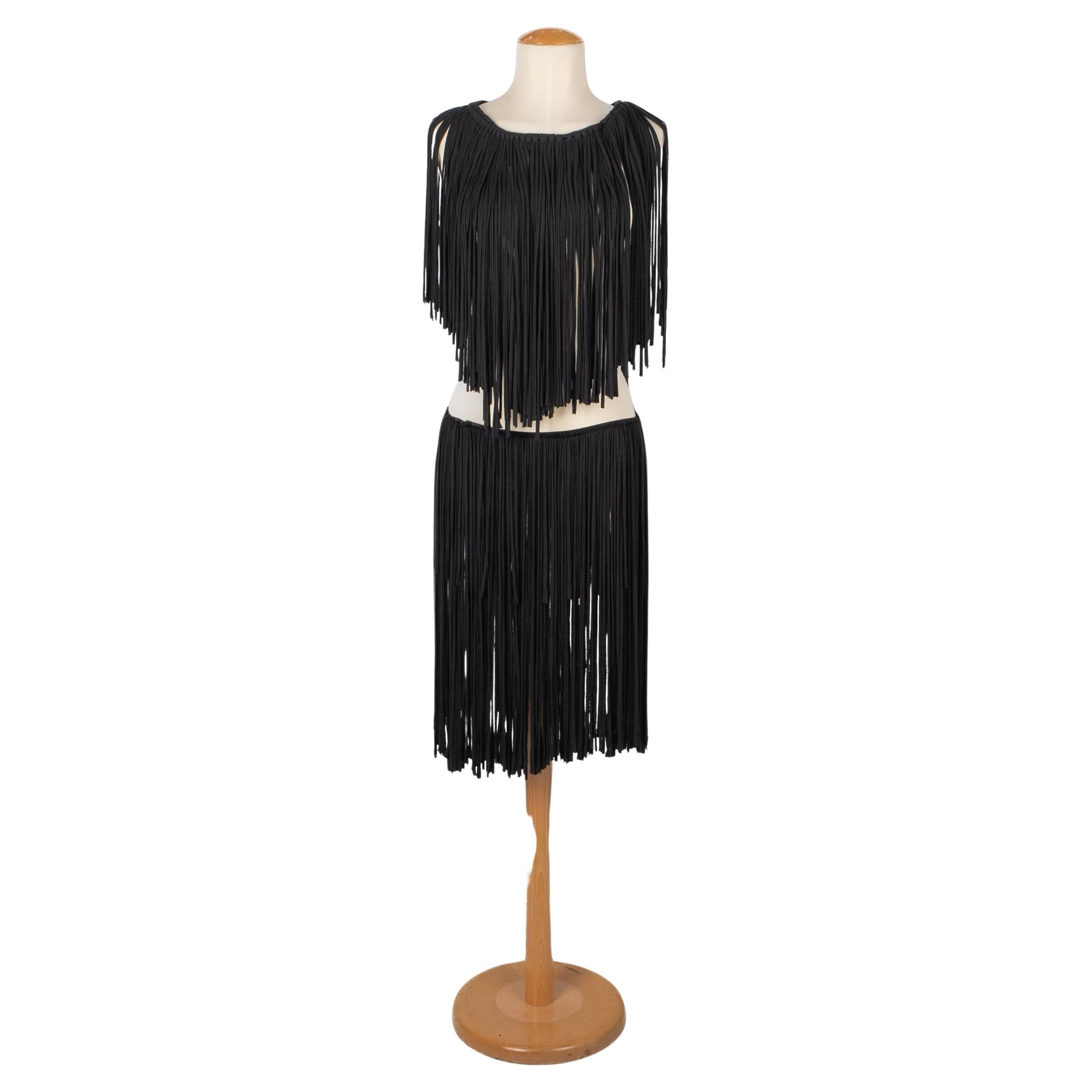 Lanvin Black Cotton Jersey Fringed Dress For Sale
