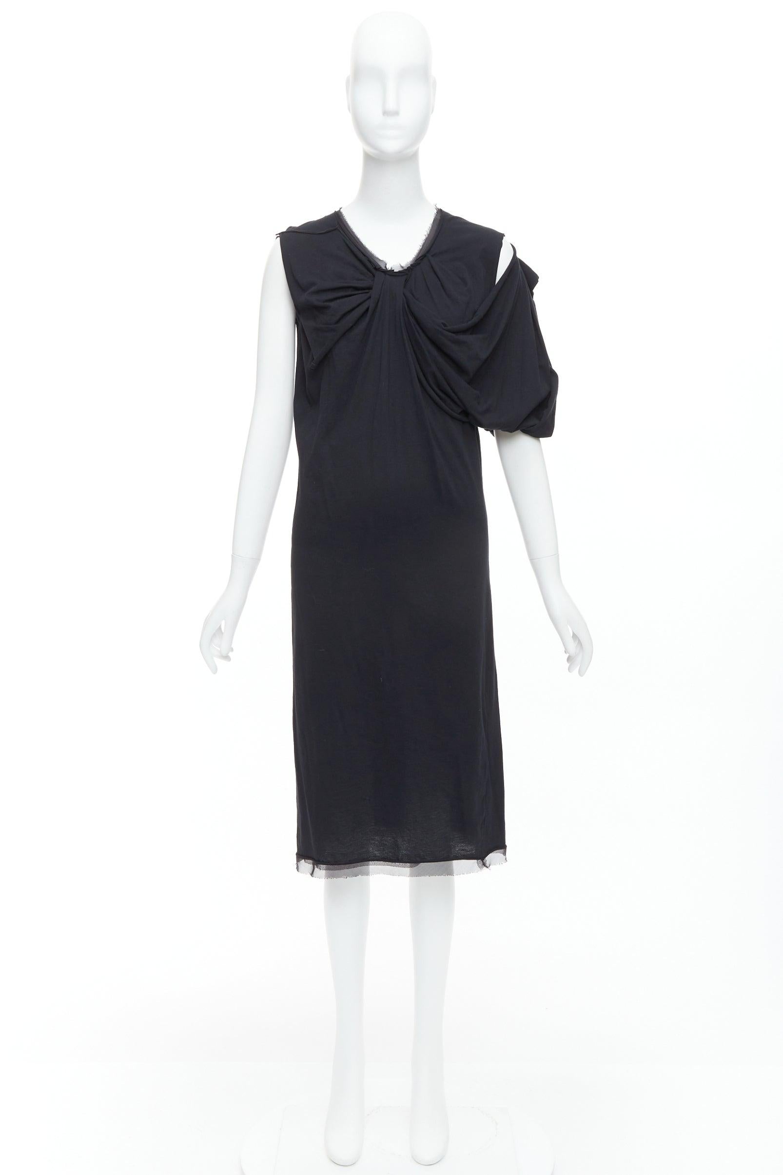 LANVIN - Robe midi drapée asymétrique en coton et soie noire XXS en vente 4