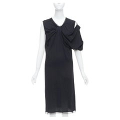 LANVIN black cotton silk trimmed asymmetric draped midi dress XXS
