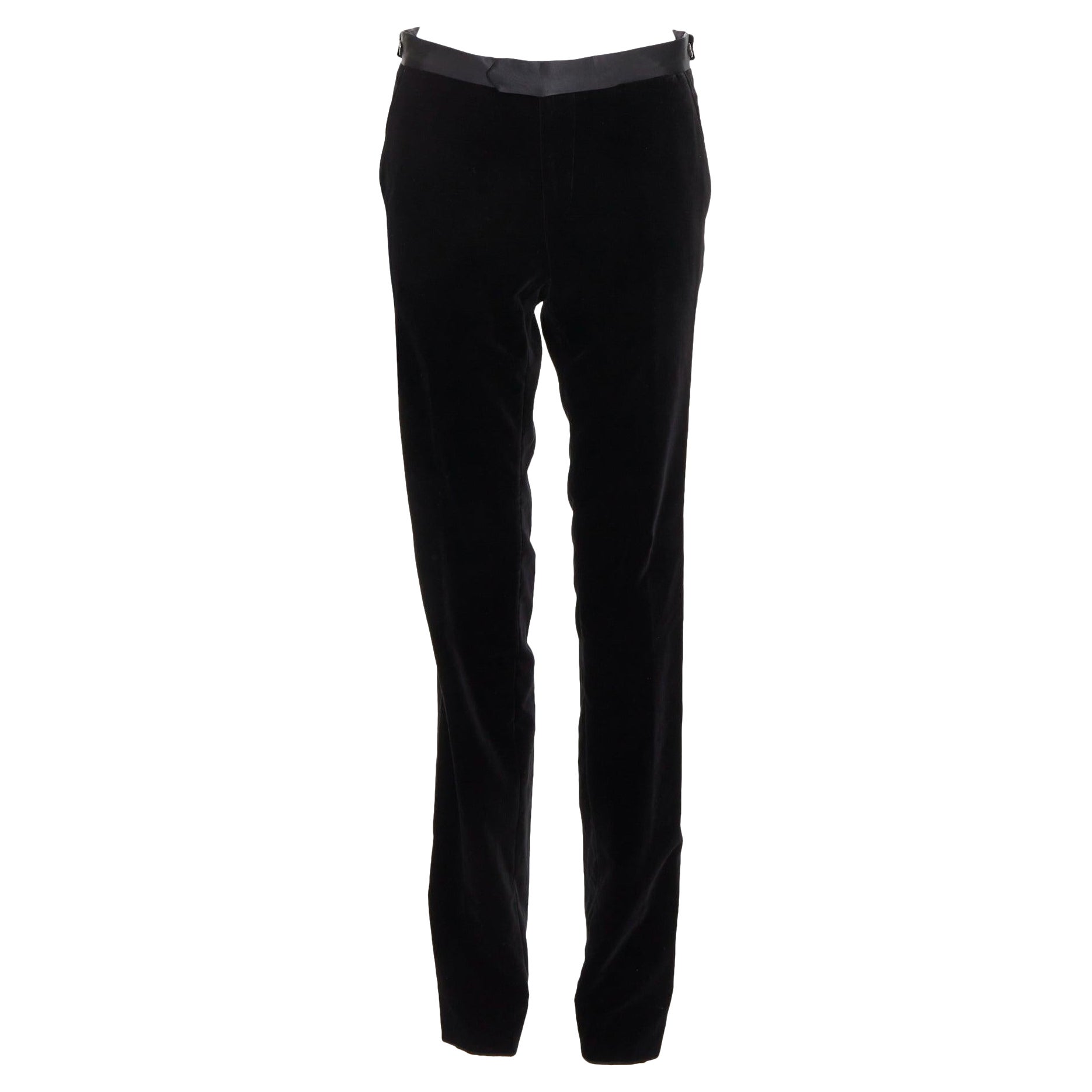 LANVIN schwarzer Baumwollsamt mit Satinbesatz gerades Bein Kleid Hose FR44 XS