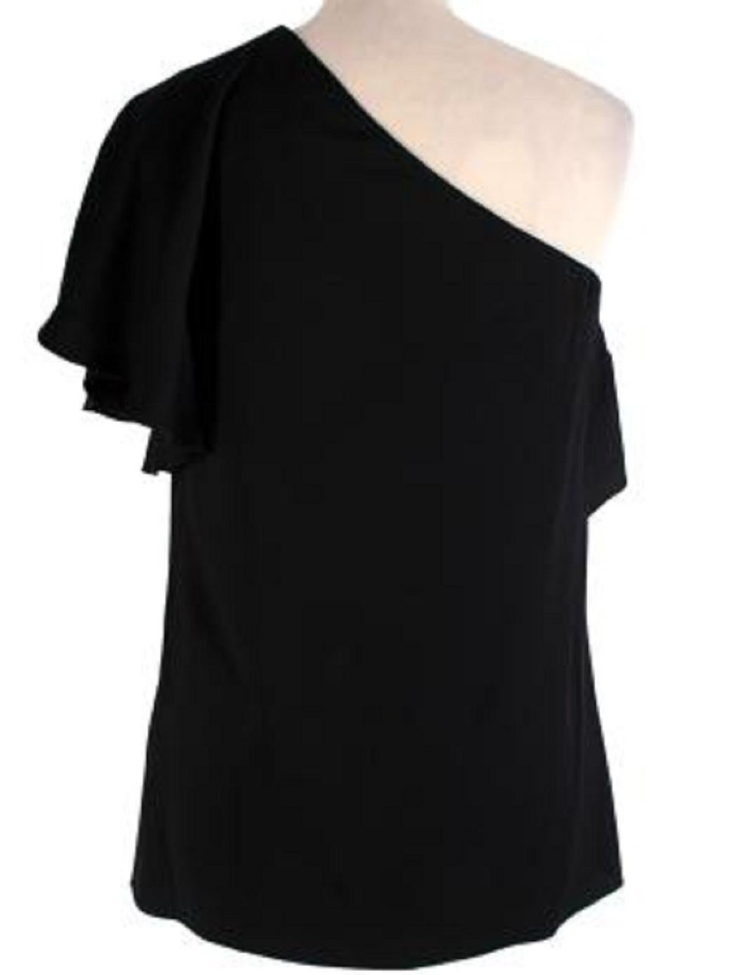 Lanvin Black crepe one-shoulder top

- One shoulder blouse with ruffled trim
-Zip fastening along the side

Material: 
58% Viscose 
42% Acetate 

Made in Romania 

PLEASE NOTE, THESE ITEMS ARE PRE-OWNED AND MAY SHOW SIGNS OF BEING STORED EVEN WHEN