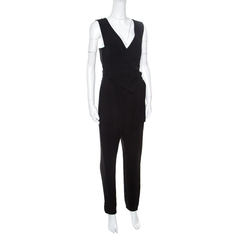 Lanvin Black Crepe Wrap Waistcoat Bodice Detail Tapered Jumpsuit S In Good Condition In Dubai, Al Qouz 2
