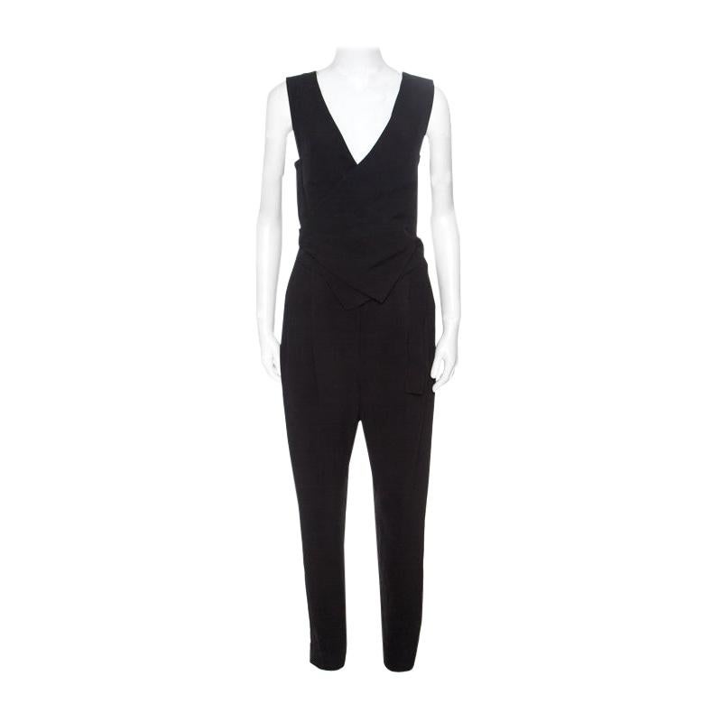 Lanvin Black Crepe Wrap Waistcoat Bodice Detail Tapered Jumpsuit S