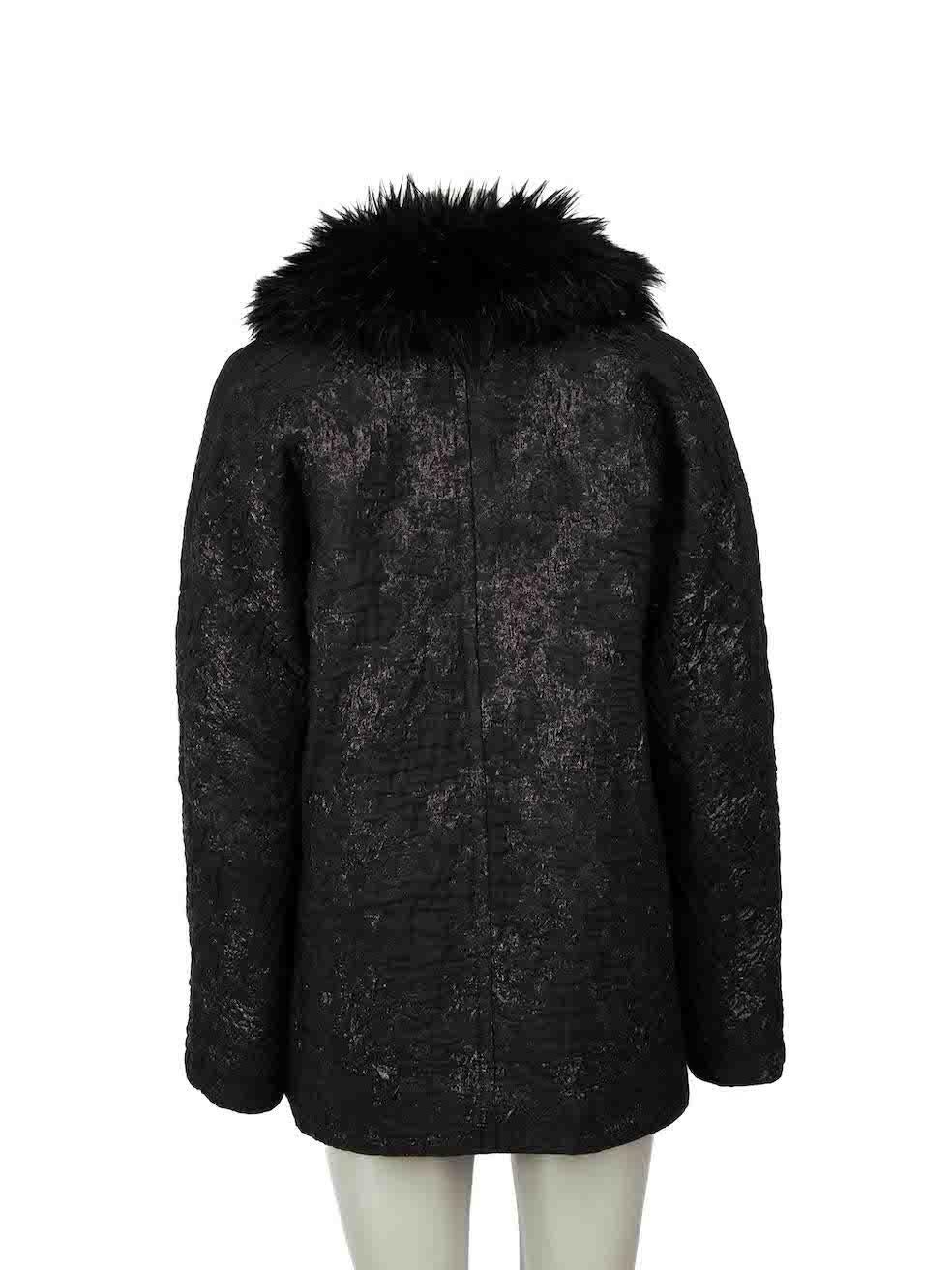 Lanvin Black Crushed Texture Fur Trim Coat Size XS In Good Condition In London, GB