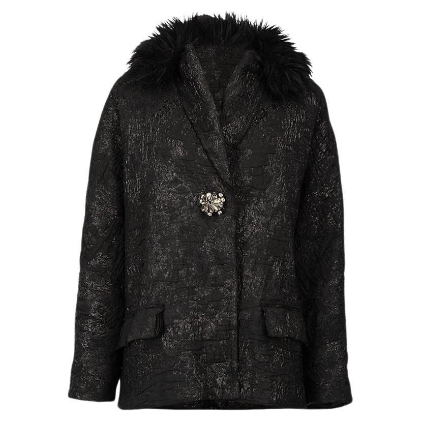 Lanvin Black Crushed Texture Fur Trim Coat Size XS