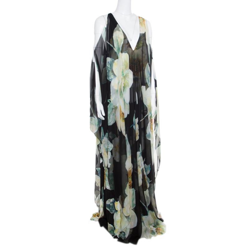 Lanvin Black Dark English Rose Printed Silk Cold Shoulder Overlay Maxi Dress XL In New Condition In Dubai, Al Qouz 2