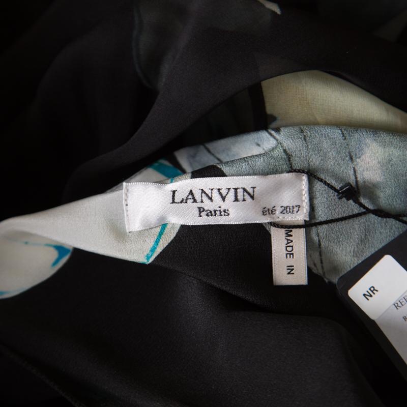 Lanvin Black Dark English Rose Printed Silk Cold Shoulder Overlay Maxi Dress XL 2