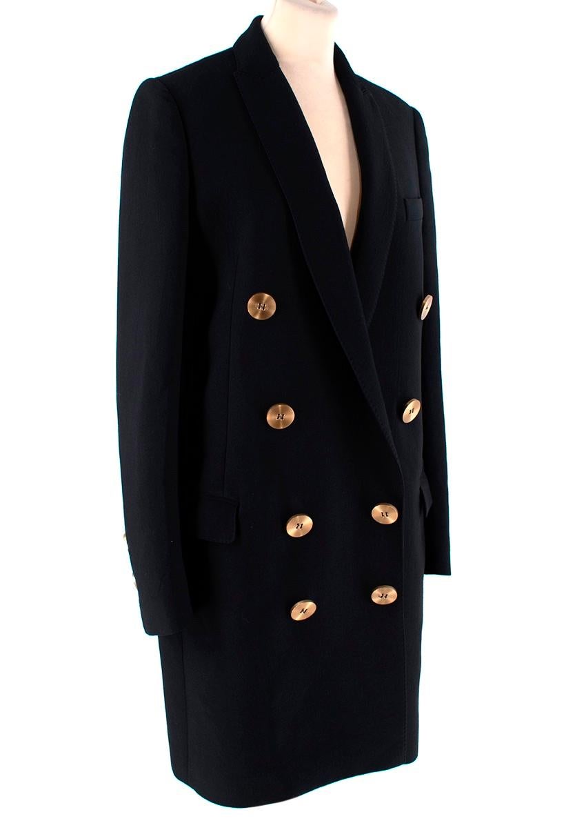 Lanvin Black Long Blazer With Gold Buttons
 

 -Double breasted style
 -Gold feature buttons
 -Lightly padded shoulders
 -Two flap pockets and one flat chest pocket.
 -Gold button detailing on the sleeves. 
 

 Materials 
 54% Polyester 
 34%