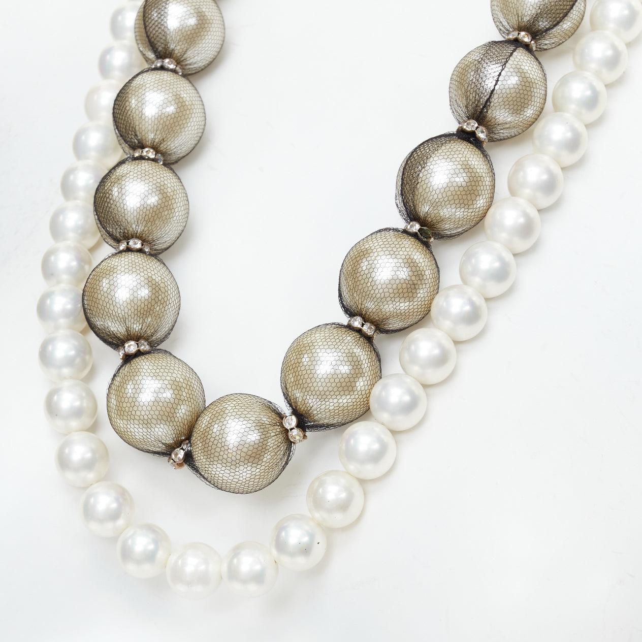 LANVIN black double strand wrapped faux pearl ribbon tie statement necklace In Good Condition In Hong Kong, NT