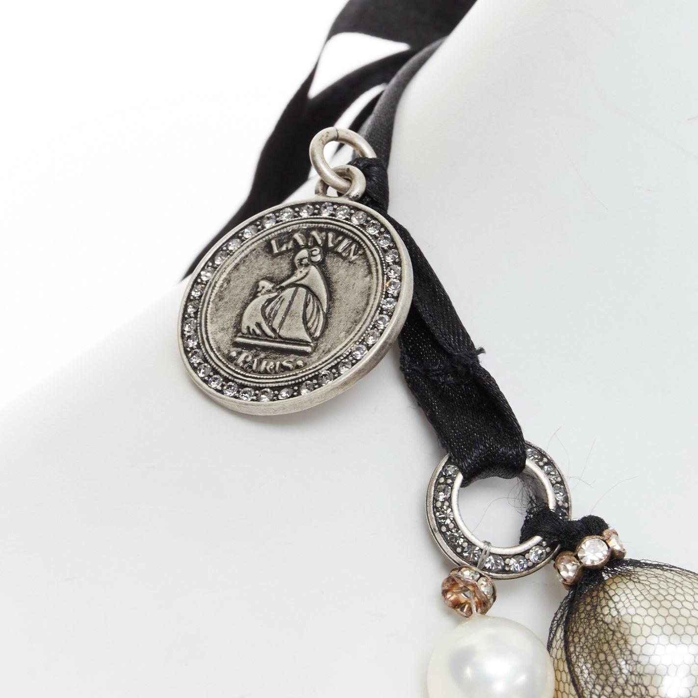 Women's LANVIN black double strand wrapped faux pearl ribbon tie statement necklace