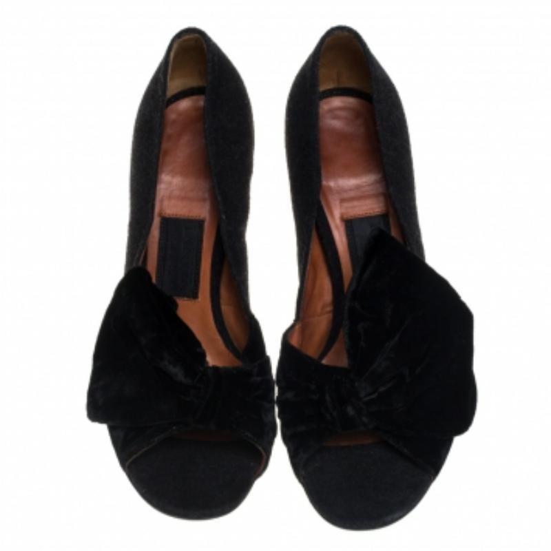 Lanvin Black Felt And Velvet Bow Embellished Open Toe Pumps Size 40 For Sale 2