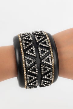 Lanvin Black Galalith Cuff Bracelet Ornamented with Rhinestones