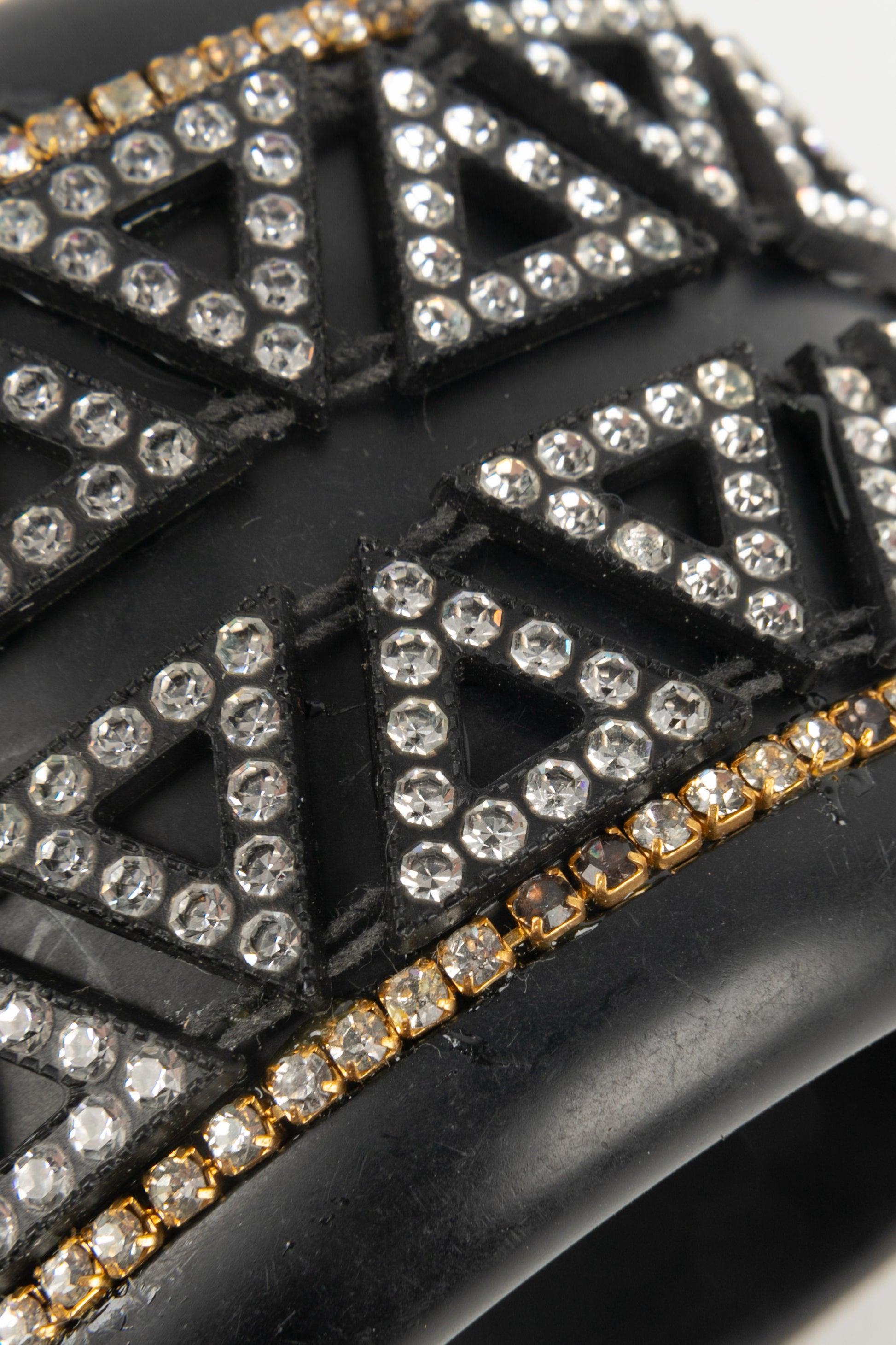Lanvin Black Galalith Cuff Bracelet Ornamented with Rhinestones For Sale 2