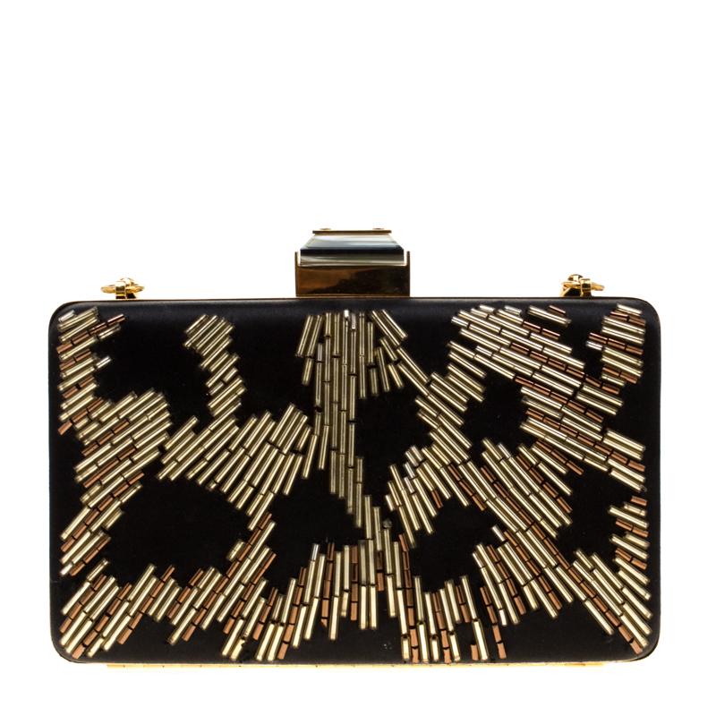 Lanvin Black/Gold Embellished Satin Chain Clutch 1