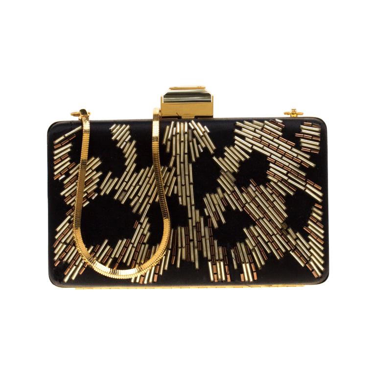 Clutch, Satin & gold-tone metal, black — Fashion