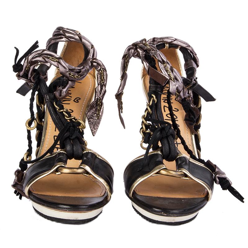 100% authentic Lanvin 2012 Éte chain sandals in metallic grey, black and gold-tone leather. Black suede and rope straps. Have been worn and are in excellent condition. 

Measurements
Imprinted Size	38
Shoe Size	38
Inside Sole	24.5cm