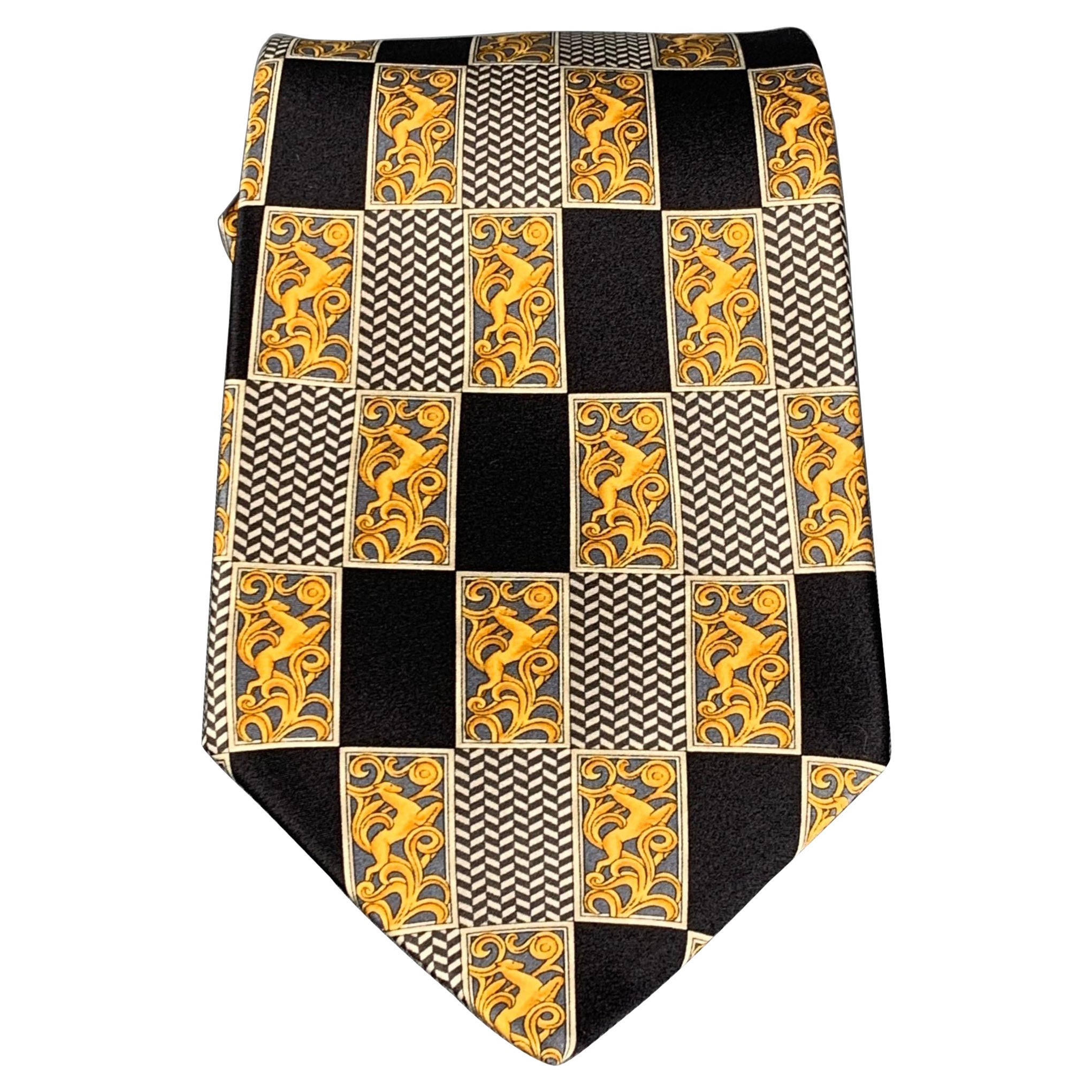 LANVIN Black Gold Print Silk Neck Tie