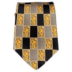 LANVIN Black Gold Print Silk Neck Tie