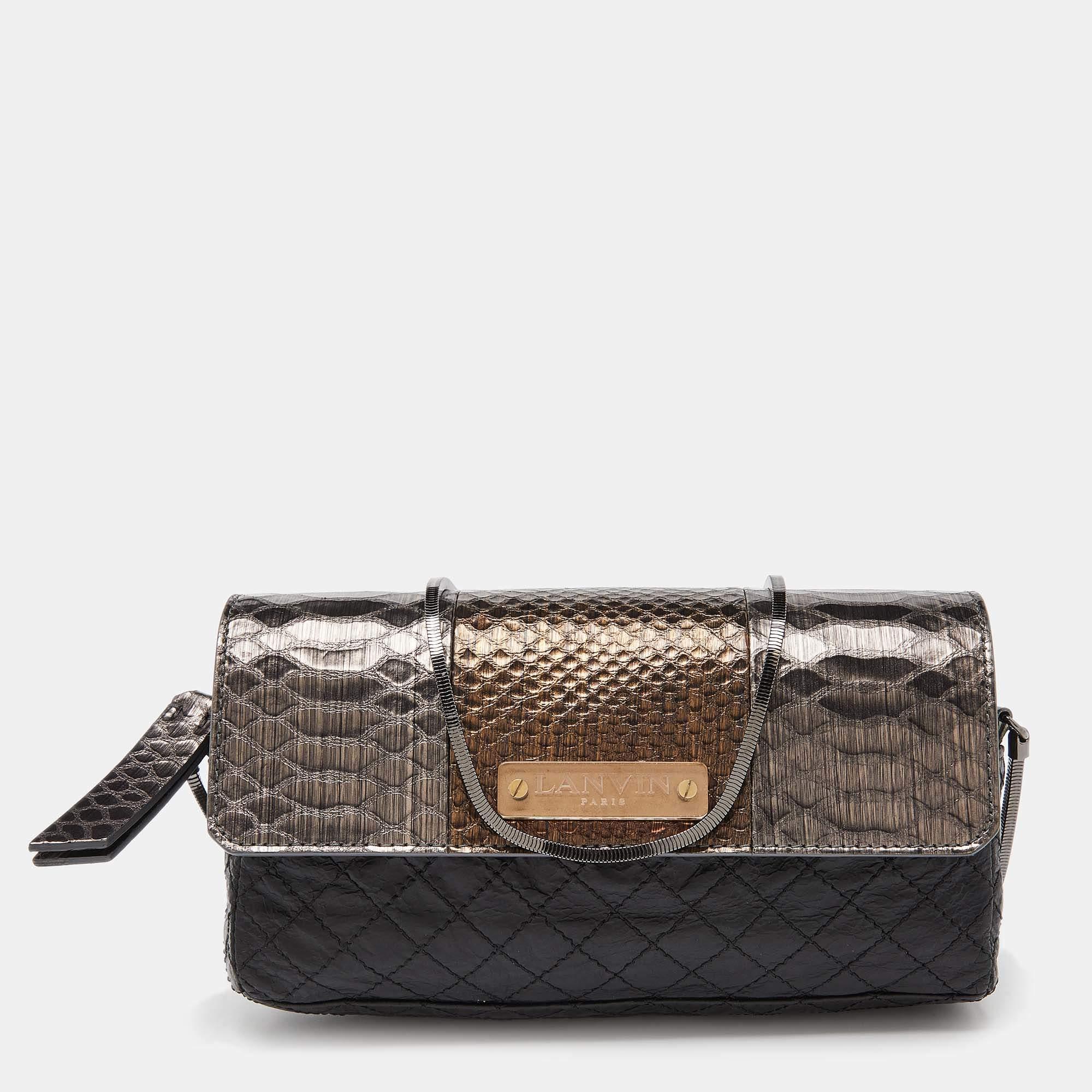 Noir Lanvin Black/Gold Quilted Leather and Python Embossed Leather Flap Crossbody Bag en vente